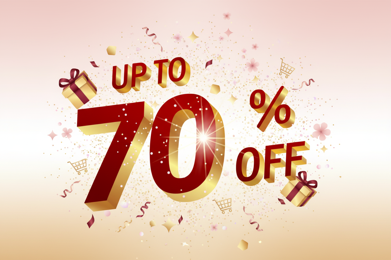 Promotional text 'Up to 70% Off' in red and gold on a white background