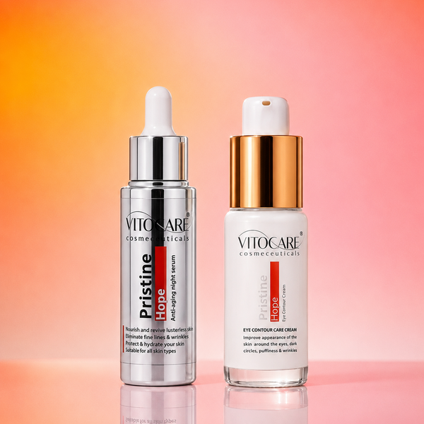 Two skincare bottles from Vitocare on a gradient background