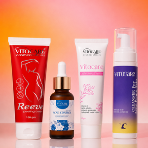 Vitocare skincare products on a gradient background