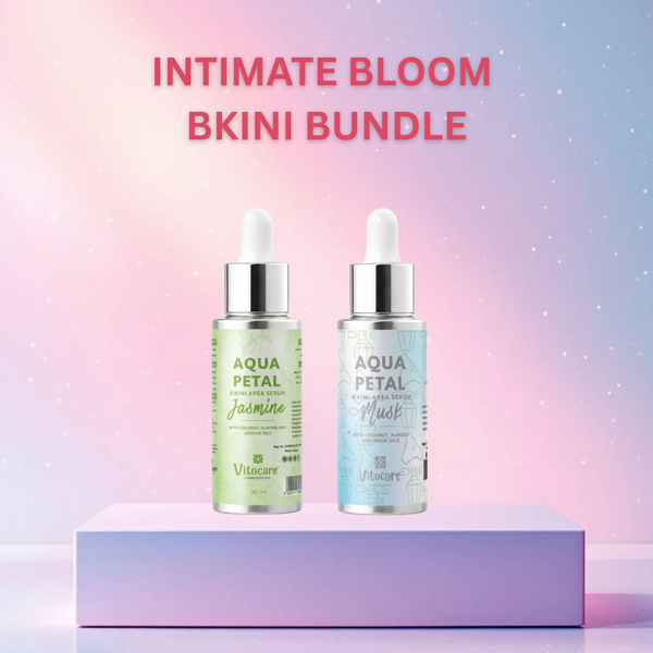 Two bottles of 'Aqua Petal' products on a gradient background with 'Intimate Bloom Bikini Bundle' text.