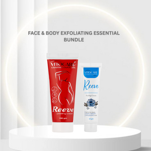Face and body exfoliating essential bundle with a red tube and white container on a white platform.