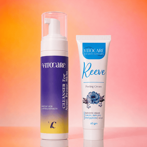 Two skincare products, a foam cleanser and a cream, on a gradient background.