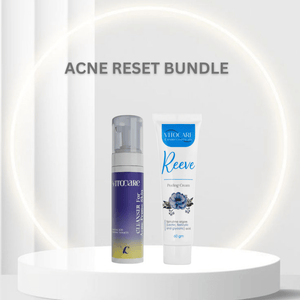 Two skincare products on a white pedestal with a neutral background