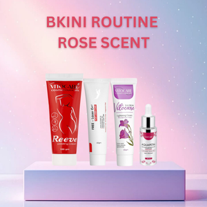 Skincare products with 'BKINI ROUTINE ROSE SCENT' text on a gradient background