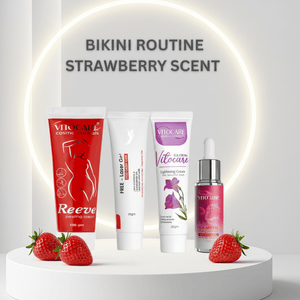 Vitocare bikini routine products with strawberry scent on a white platform.