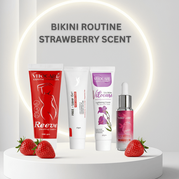 Vitocare bikini routine products with strawberry scent on a white platform.