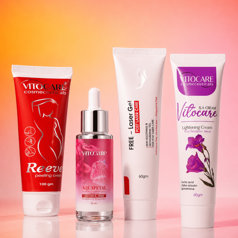 Vitocare skincare products on a gradient background