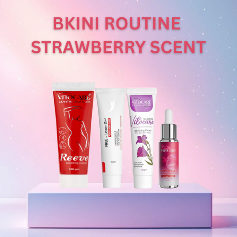 Skincare products with 'BKINI ROUTINE STRAWBERRY SCENT' text on a gradient background