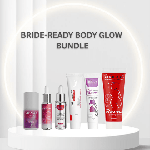 Vitocare beauty product bundle on a white platform with 'Bride-Ready Body Glow Bundle' text.
