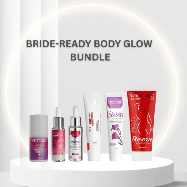 Vitocare beauty product bundle on a white platform with 'Bride-Ready Body Glow Bundle' text.