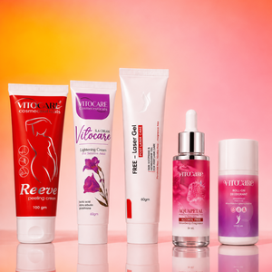 Collection of Vitocare cosmetic products on a gradient background