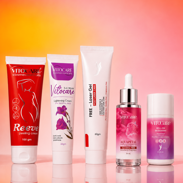 Collection of Vitocare cosmetic products on a gradient background