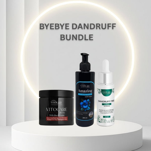 Vitocare dandruff care products on a white platform with 'Byebye Dandruff Bundle' text.