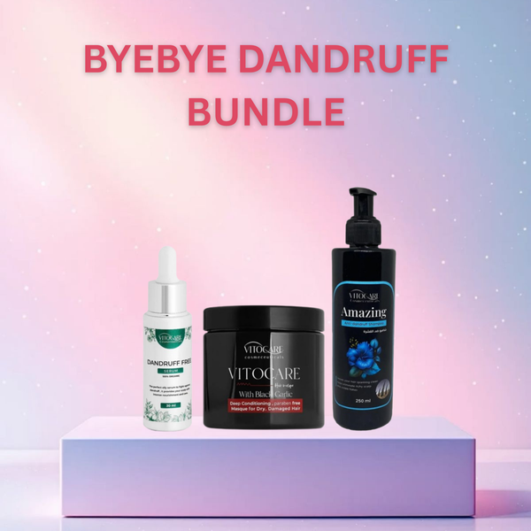Cosmetic bundle labeled 'Byebye Dandruff Bundle' with products on a gradient background