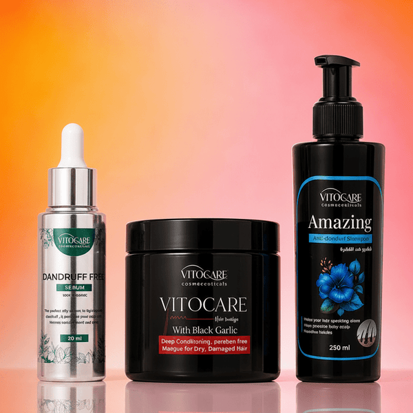 Vitocare hair care products on a gradient background