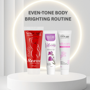 Vitocare cosmetic products on a white platform with 'Even-Tone Body Brightening Routine' text in the background.