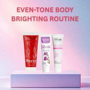 Three skincare products on a stand with 'Vitacare' branding against a gradient background.