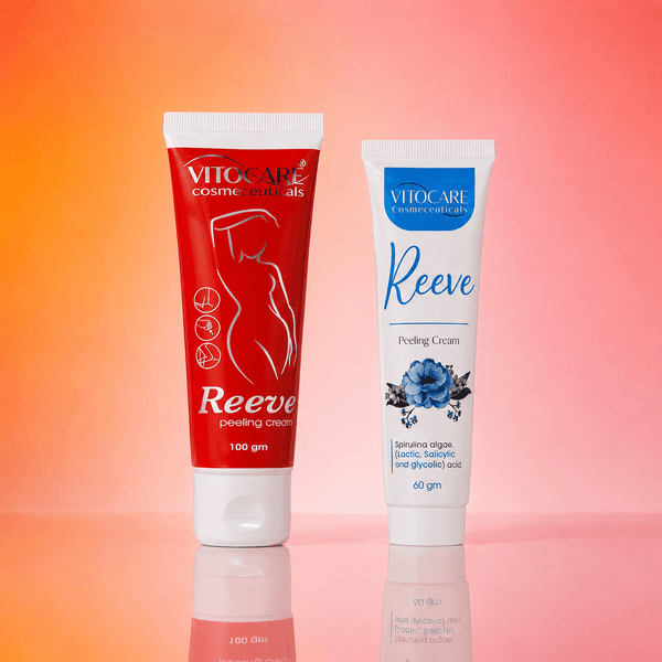 Two tubes of Vitocare Reeve peeling cream on a gradient background