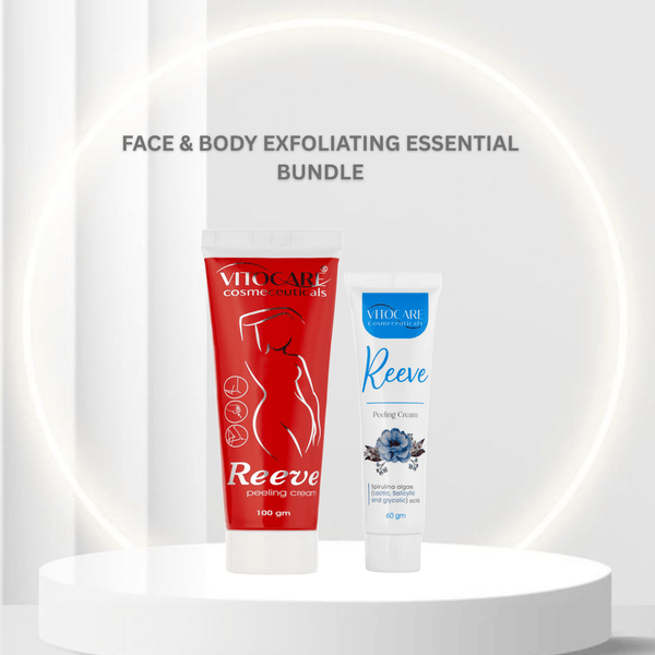 Face and body exfoliating essential bundle with a red tube and white container on a white platform.