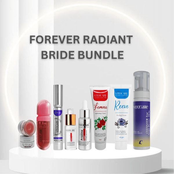 Collection of skincare products on a white platform with 'Forever Radiant Bride Bundle' text.