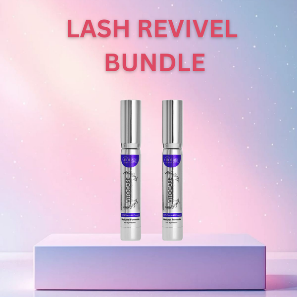 Two silver bottles with purple labels on a light purple platform against a gradient background with 'LASH REVIVEL BUNDLE' text.