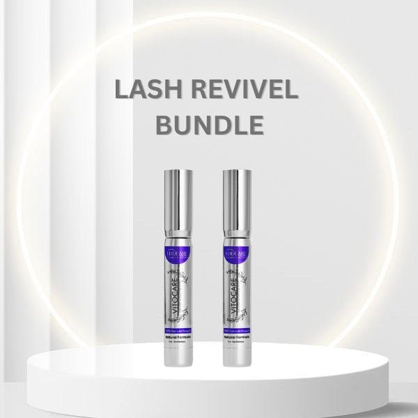 Lash Revivel bundle with two bottles on a white platform against a light gray background.