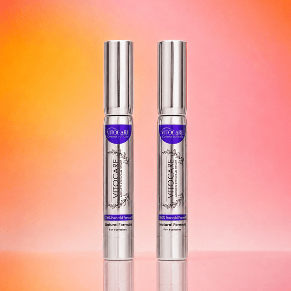 Two VITOCARE skincare products on a gradient background