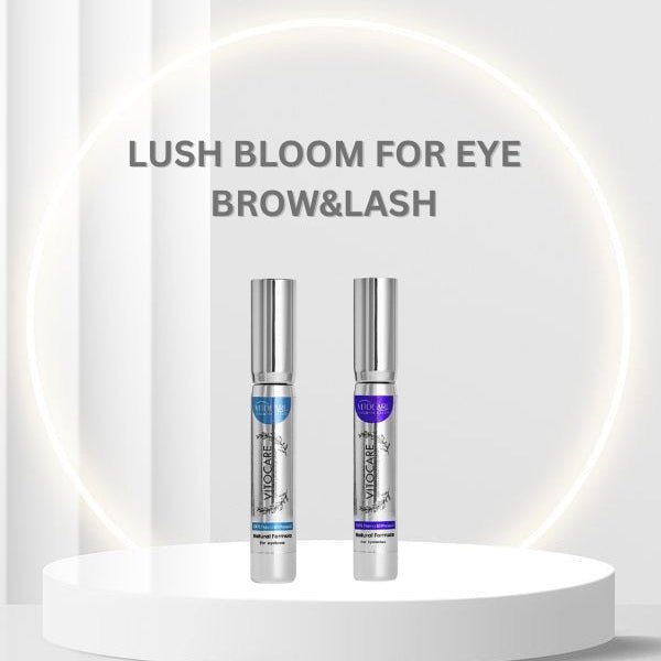 Two EYE LASH on a white platform with 'Lush Bloom for Eye Brow & Lash' text.