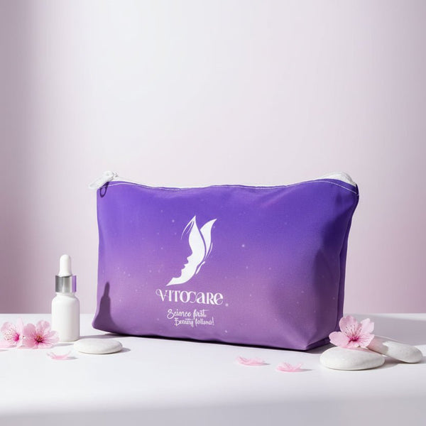 Purple pouch with a logo and text on a white background