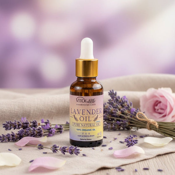 Vitocare lavender oil bottle with dropper on a light gray background