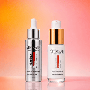 Two skincare bottles from Vitocare on a gradient background