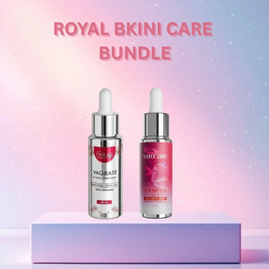 Two skincare bottles on a platform with 'Royal Bikini Care Bundle' text against a gradient background.