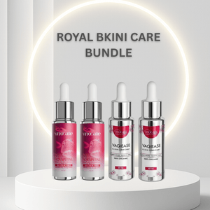 Royal Bikini Care Bundle with four bottles on a white platform against a light gray background.