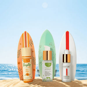 Three skincare bottles on surfboards with a beach and ocean background