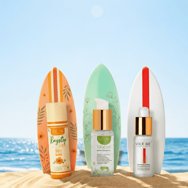 Three skincare bottles on surfboards with a beach and ocean background