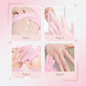 Collage of hands using a pink glove with a heart symbol above