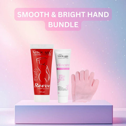 Viviscal Smooth & Bright Hand Bundle with two bottles and a glove on a gradient background