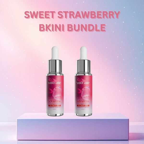 Two skincare droppers with 'Sweet Strawberry' flavor on a gradient background
