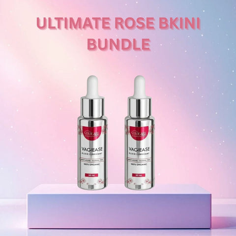 Two Vaghease skincare bottles on a platform with 'Ultimate Rose Bikini Bundle' text against a gradient background.