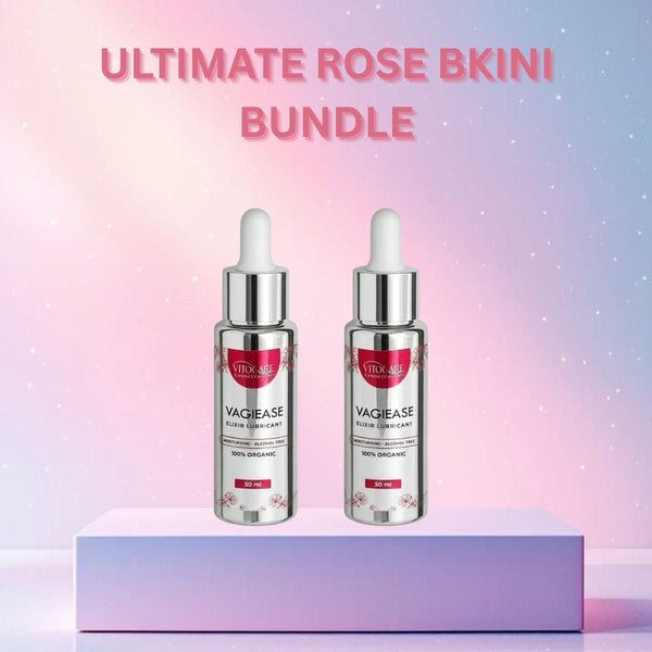 Two Vaghease skincare bottles on a platform with 'Ultimate Rose Bikini Bundle' text against a gradient background.